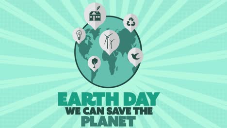 animation of globe on green background and earth day writing