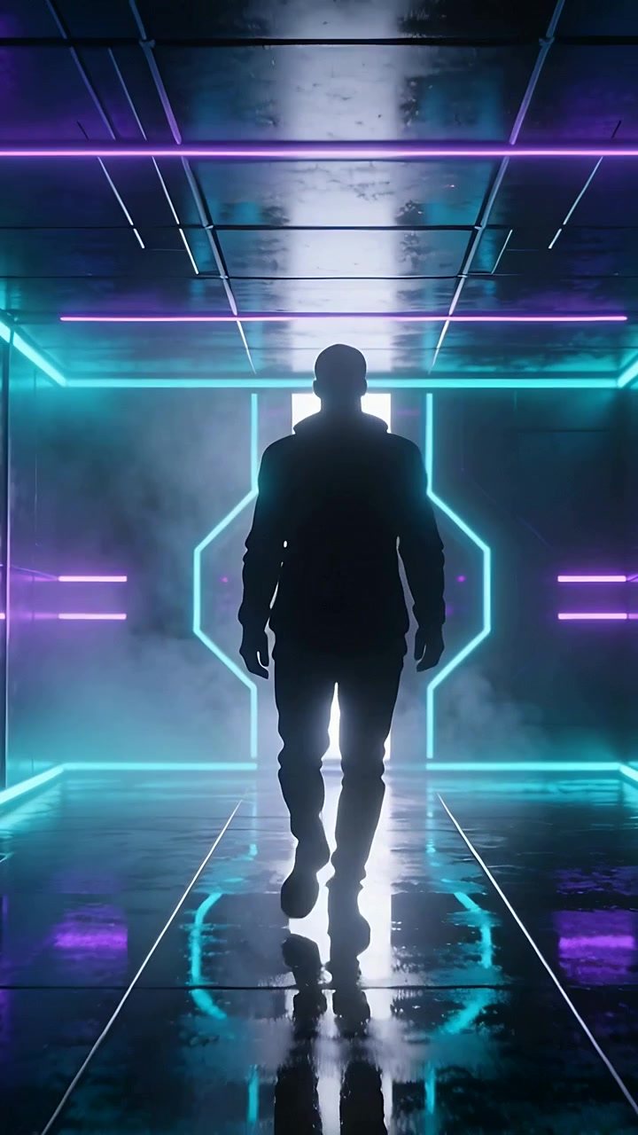 Video verticale: Uomo in cappotto scuro che emerge e cammina in avanti da una porta retroilluminata, in una nebbia in corridoio al neon.