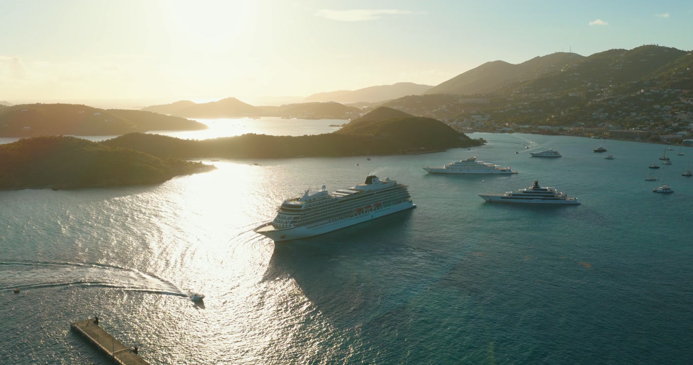 Luxury Cruise Ships Near Charlotte Amalie Harbor On The Island Of St. Thomas In The U.S. Virgin Islands. Aerial Drone Shot