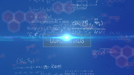 animación de texto de coronavirus y ecuaciones matemáticas en fondo azul