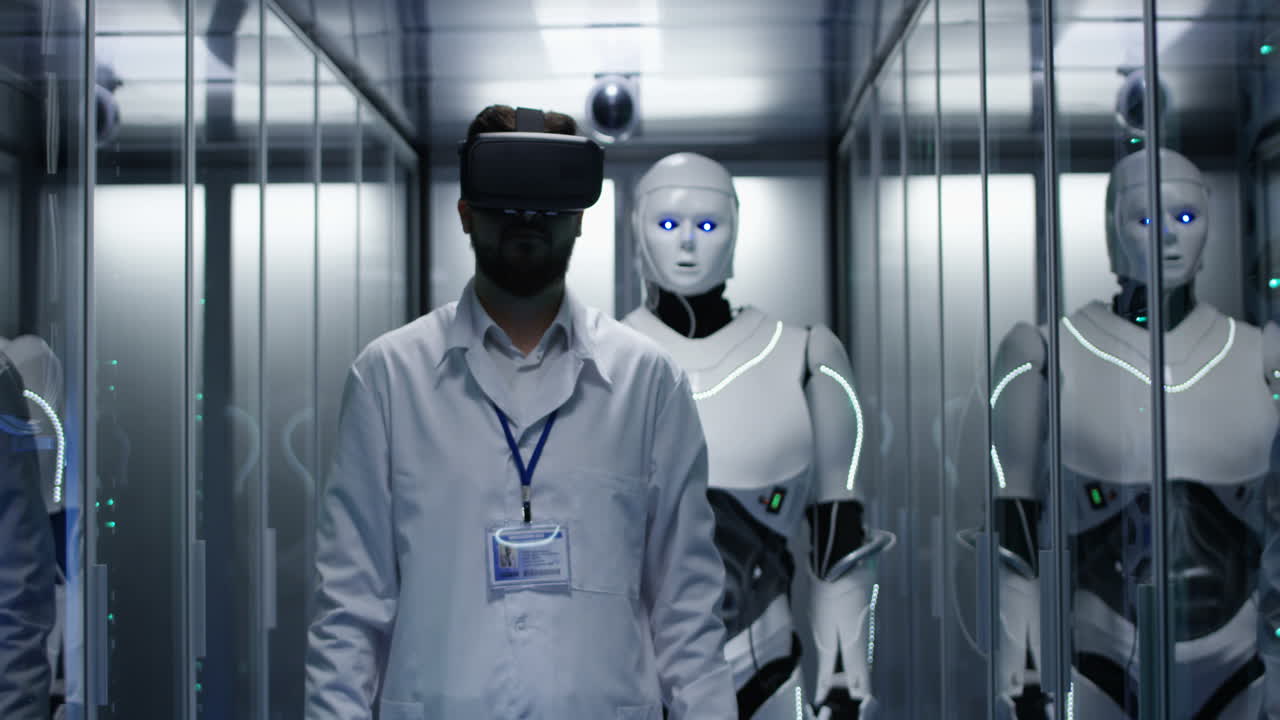 el científico interactúa con el robot en un centro de datos usando vr