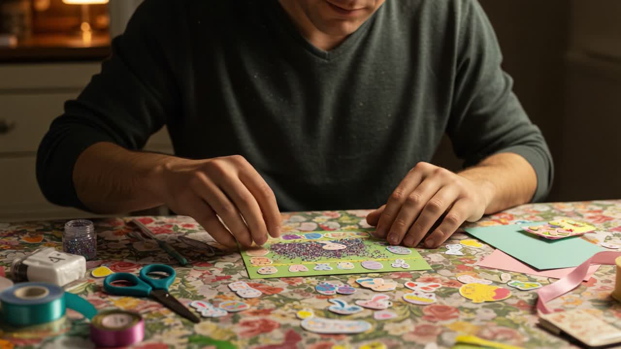 Creative Crafting Session: A Close-Up of a Person Engaged in Sticker Art and Paper Decoration on a Flowered Tablecloth