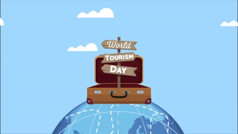 world tourism day lettering in arrows signal with suitcase