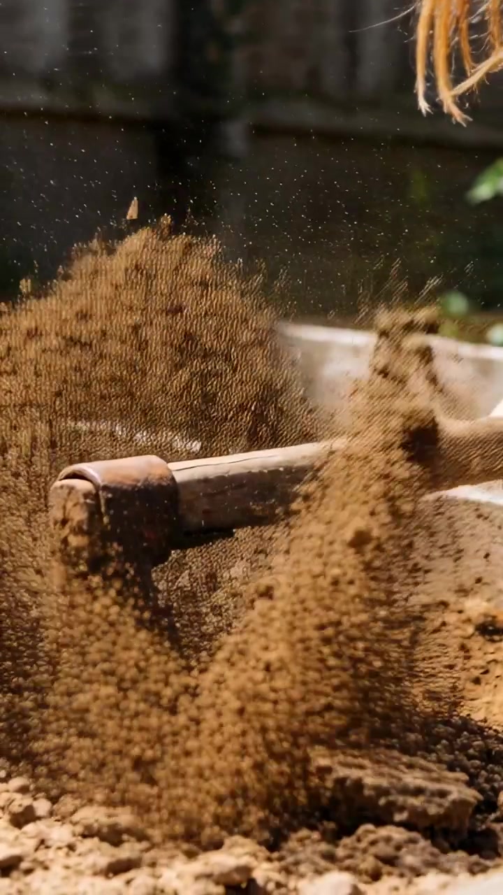 Video verticale: Tirando indietro una zappa di metallo, sollevando zolle in un'aiuola del cortile per preparare il terreno alla semina.