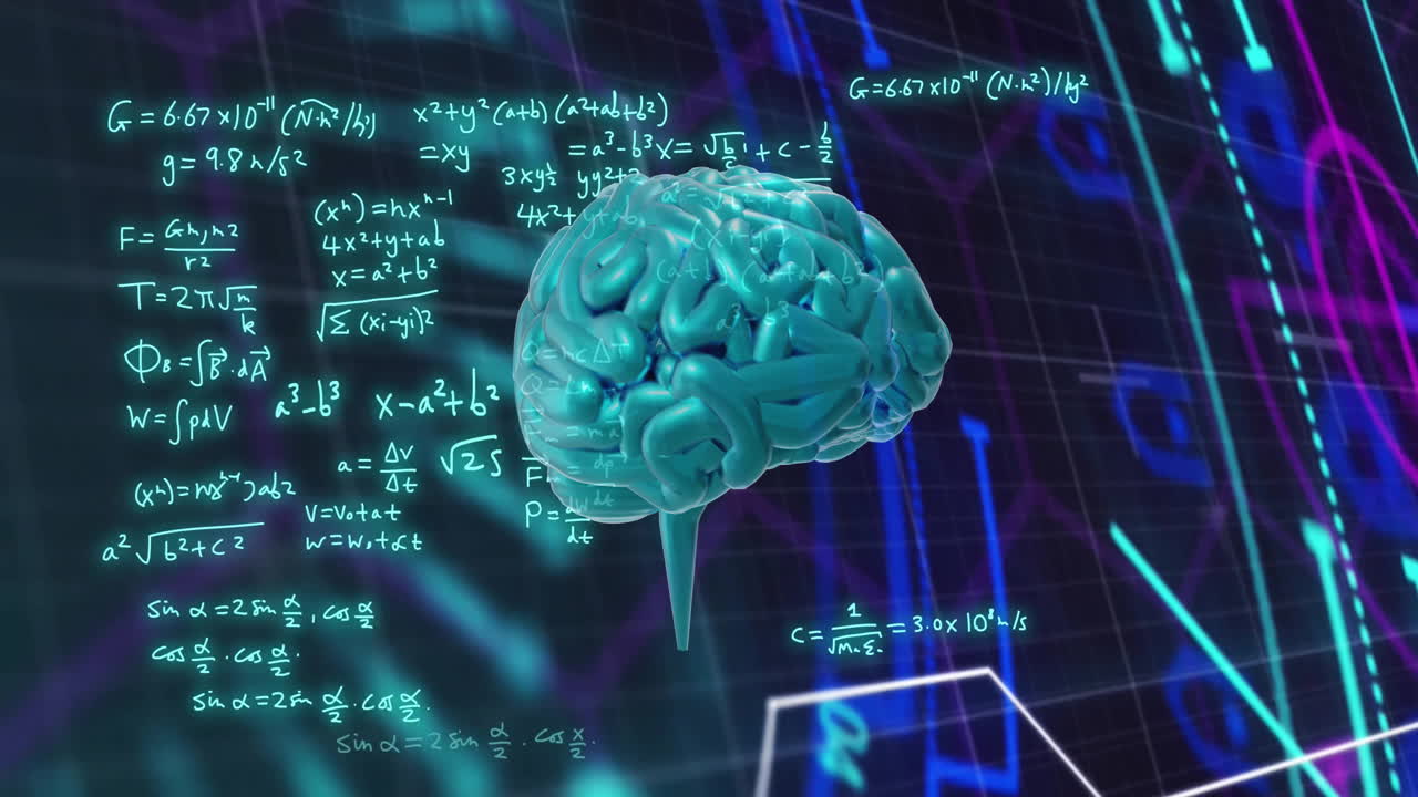 animación de ecuaciones matemáticas y escáner brillante sobre el cerebro sobre fondo negro