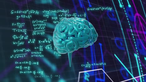 Animation-Mathematischer-Gleichungen-Und-Leuchtender-Scanner-über-Dem-Gehirn-Auf-Schwarzem-Hintergrund