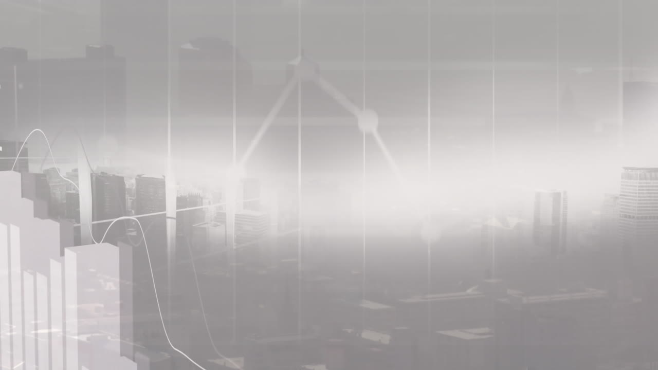 animación del procesamiento de datos estadísticos frente a una vista aérea del paisaje urbano