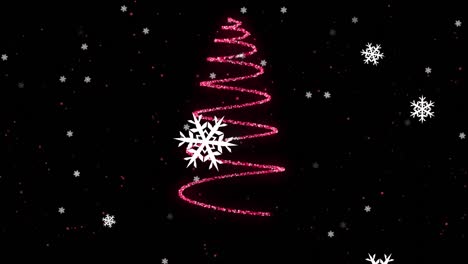 Animation-of-snow-falling-over-christmas-neon-decoration-on-black-background