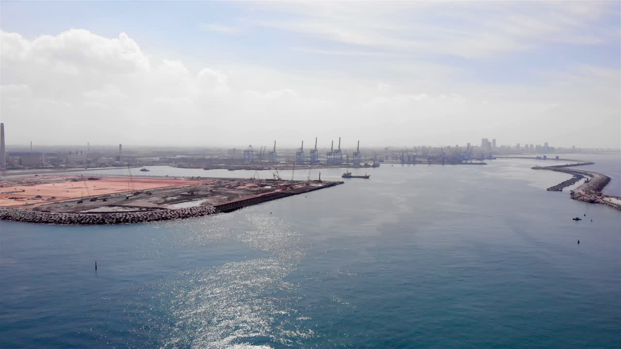 Aerial footage over harbour in The middle East