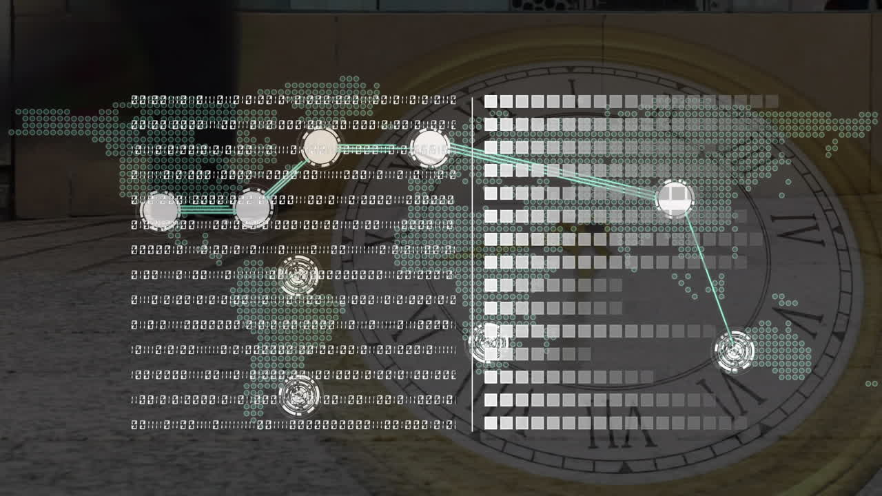 animación de la red de conexiones y procesamiento de datos durante todo el día y personas caminando por la calle