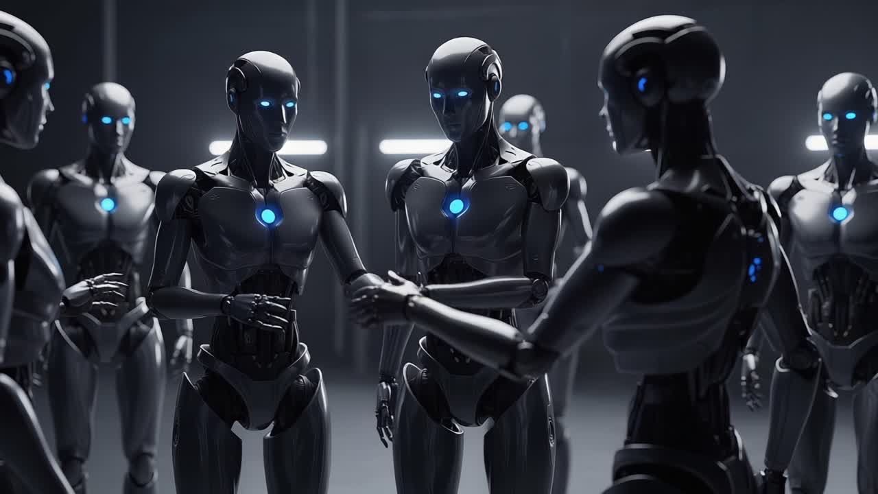 A Group of Advanced Humanoid Robots Engage in an Intriguing Discussion, Featuring Futuristic Designs and Striking Blue Accents in a Dimly Lit Environment