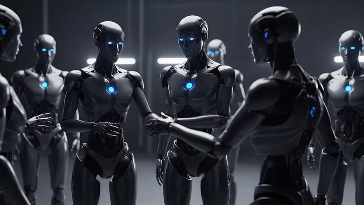 A Group of Advanced Humanoid Robots Engage in an Intriguing Discussion, Featuring Futuristic Designs and Striking Blue Accents in a Dimly Lit Environment