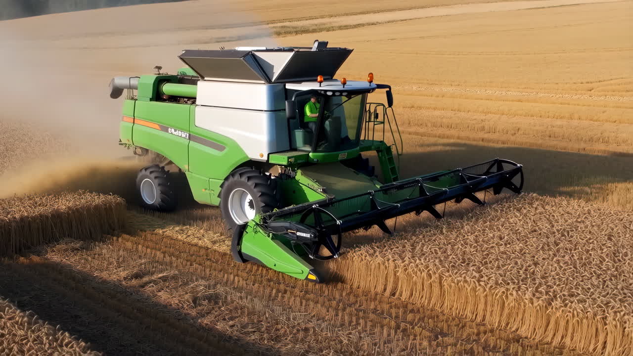 Combine Harvester Working in a Golden Wheat Field