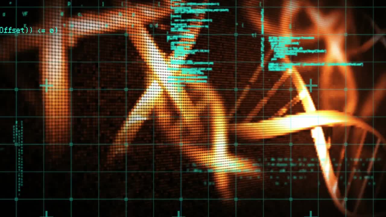 animación de la cadena de adn, placa de circuitos informáticos y procesamiento de datos científicos