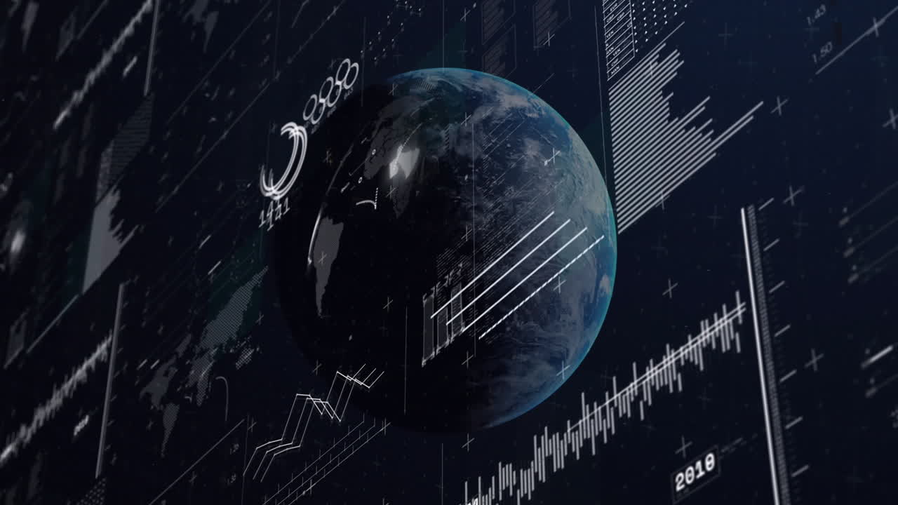 Earth with animation of digital graphs surrounding it in space