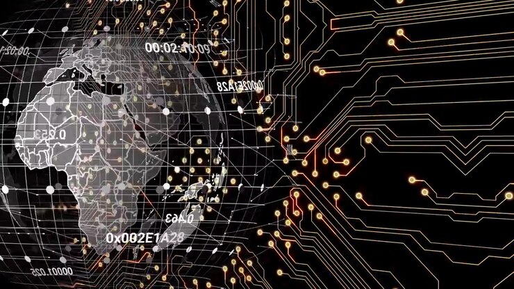 Animation of data processing with globe over computer circuit board on black background