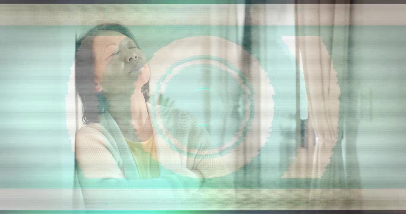 senior woman folding arms, closing eyes by window, initiating pulsing teal glitch scan for health