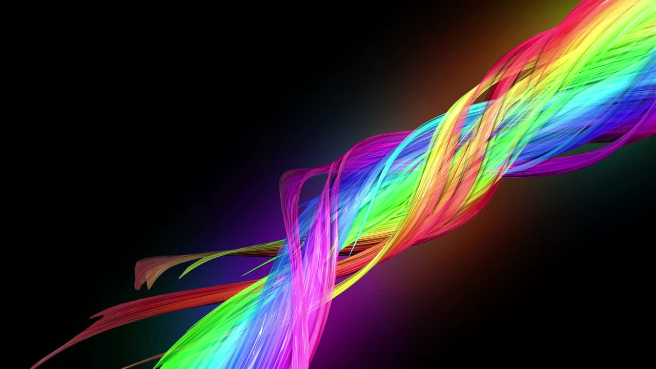 4k colorful looped animation of a rainbow colors tape with neon light moving in a circle as abstract background with lines and ribbons. Luma matte is included as alpha channel for compositing. 39