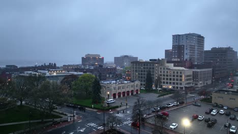 portland, maine city on a rainy evening in new england