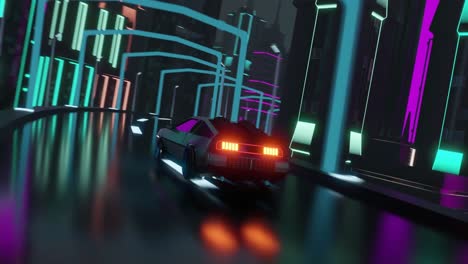 animation of car driving in neon lit city at night background