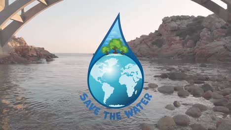 Animation-Von-„Save-The-Water“-Texten,-Nachhaltigkeits--Und-Ökologiesymbolen-über-Der-Landschaft