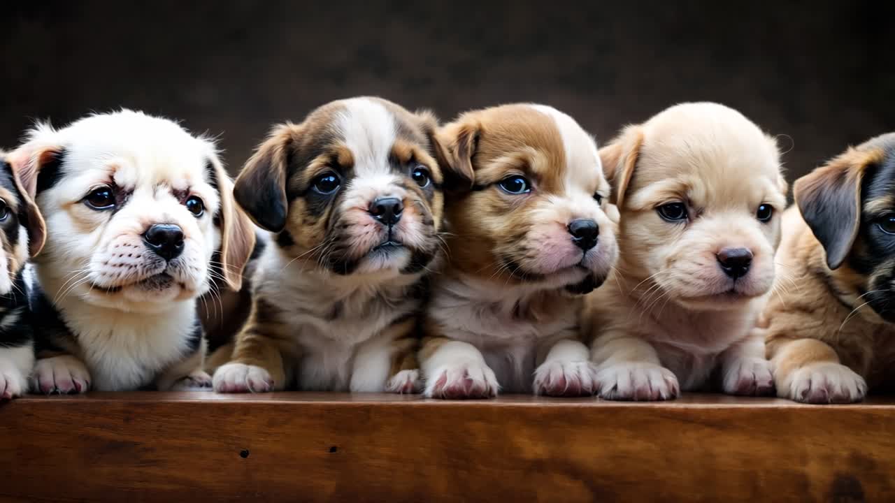 Un grupo de cachorros sentados sobre una mesa de madera.