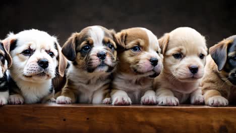 a group of puppies sitting on top of a wooden table