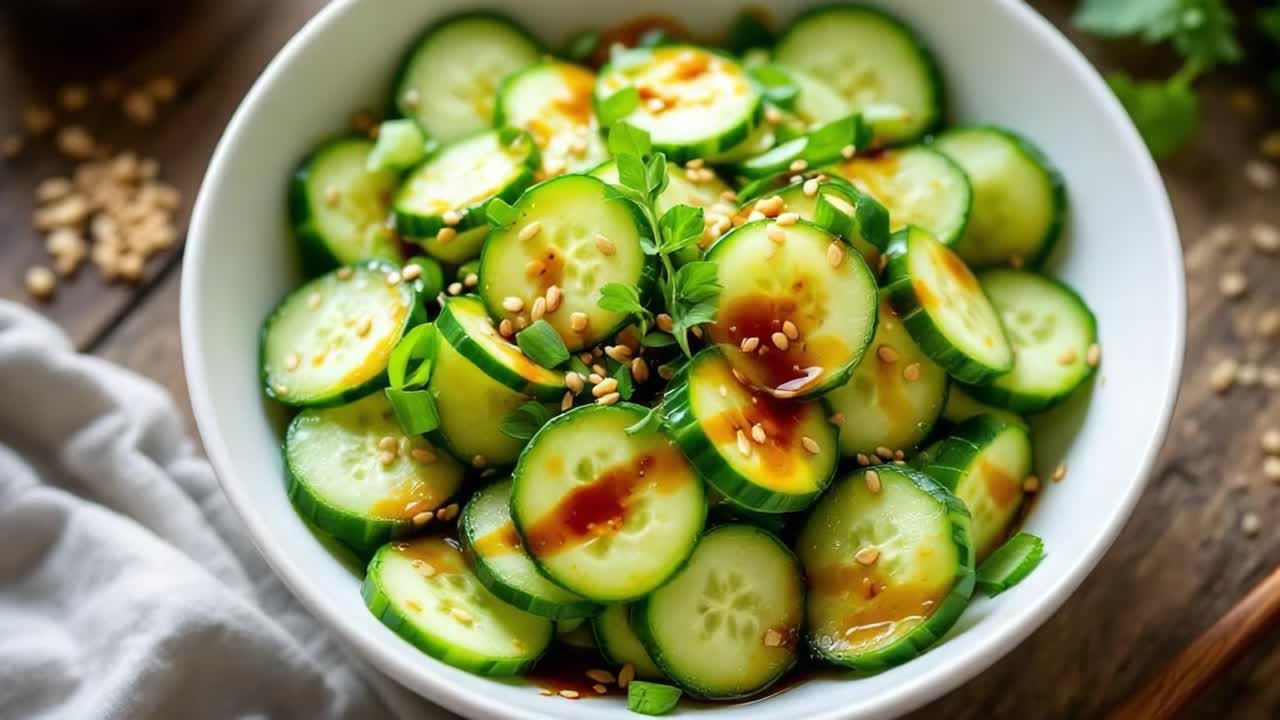 Sliced cucumber salad featuring sesame seeds, drizzled with zesty soy based dressing, offering crisp, tangy flavor profile