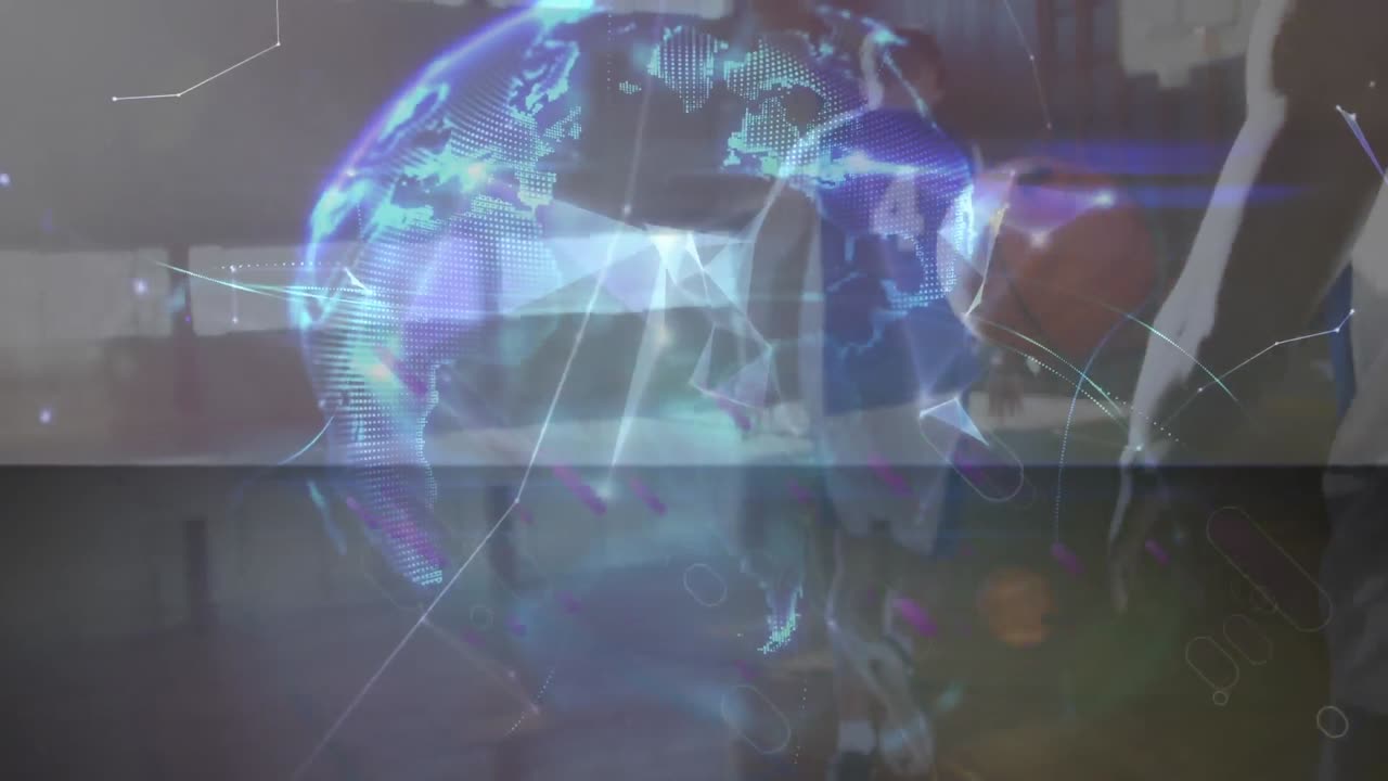 animación de la red de conexiones en un grupo diverso de jugadores de baloncesto masculinos