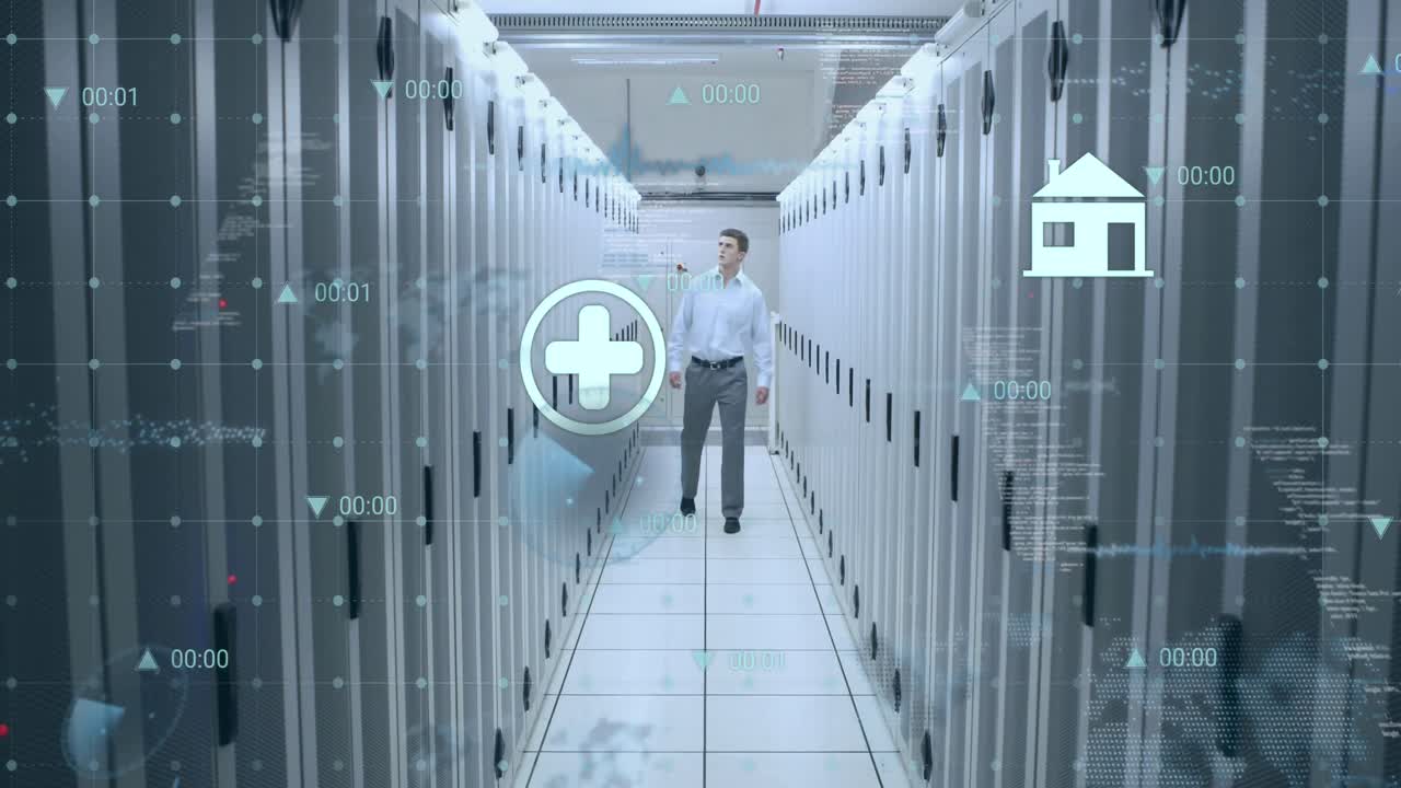 animación del procesamiento de datos sobre el hombre de negocios caucásico por servidores informáticos.