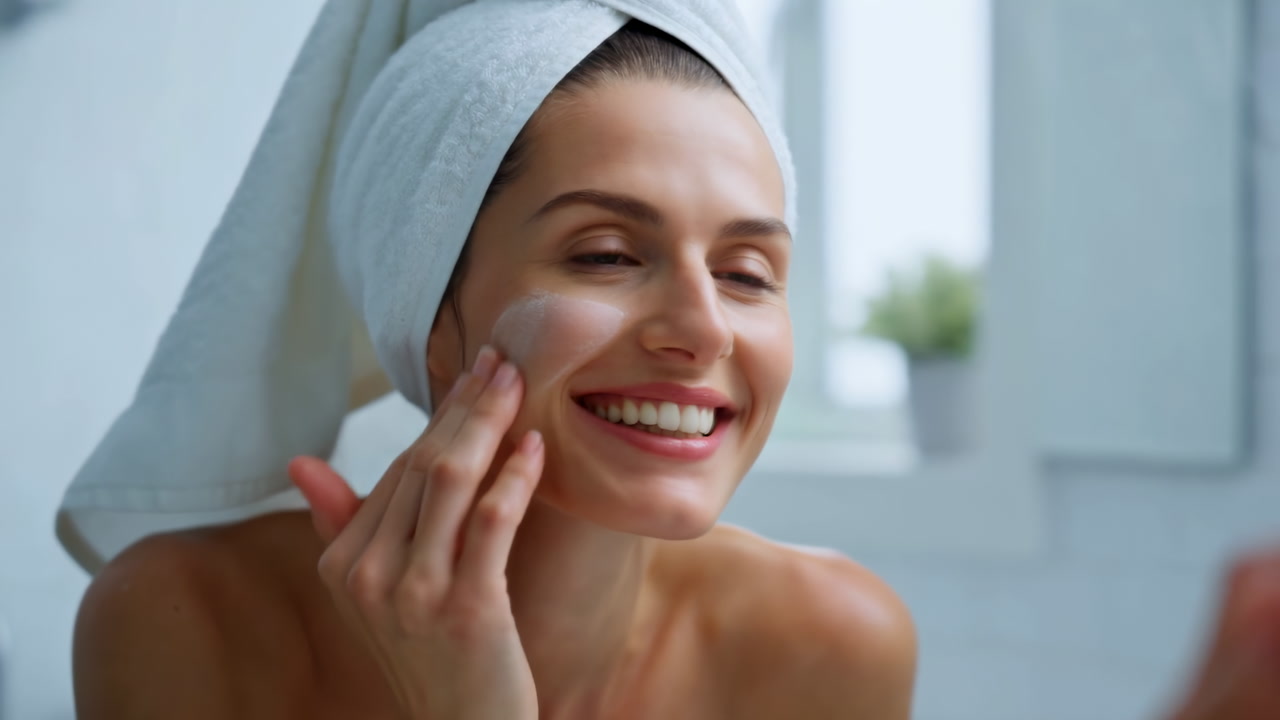 Smiling Caucasian Woman Applying Cleanser In Bright Bathroom With Towel Wrapped, Looking Into Mirror