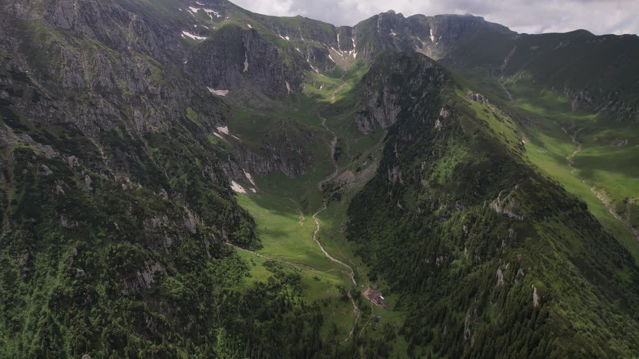 imagen aérea impresionante del valle de malaiesti en las montañas bucegi, vegetación exuberante, verano