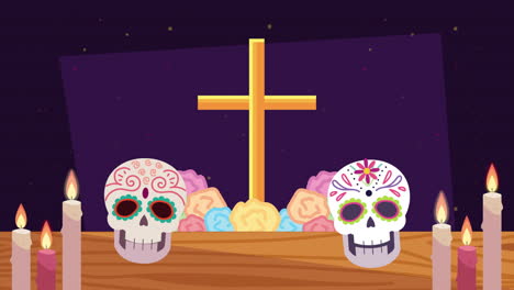 day of the dead altar with sugar skulls and cross