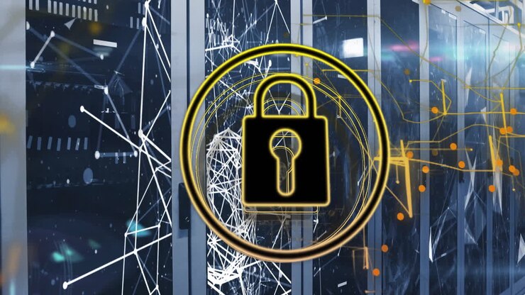 Animation of network of connections with padlock over server room