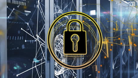 animation of network of connections with padlock over server room