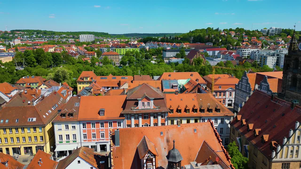 4K Aerial Drone Video of the Historic St. Johannis Church and St. Gumbertus Church in the Old Town area of Downtown Ansbach, Germany