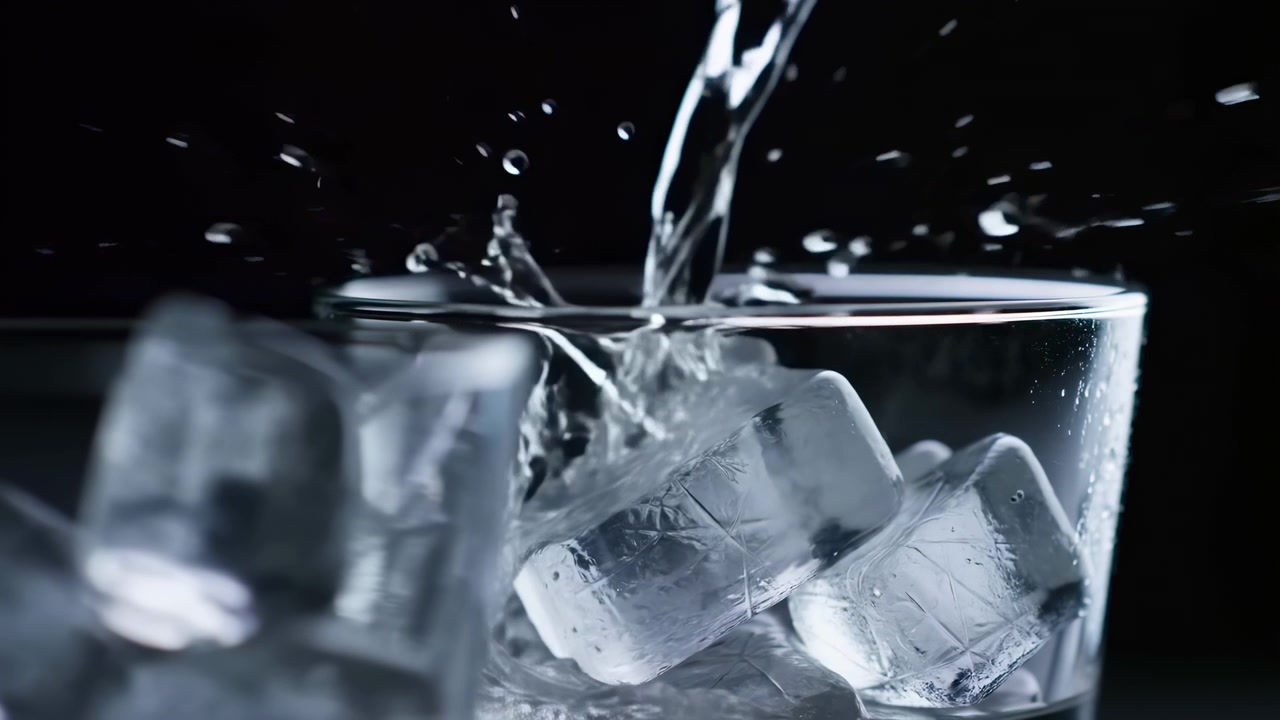 Un bicchiere trasparente pieno di grandi cubetti di ghiaccio riceve un getto di liquido limpido, creando luminose goccioline di schizzo all'impatto, riflessi freddi, punti luce scintillanti e un forte contrasto su sfondo scuro.