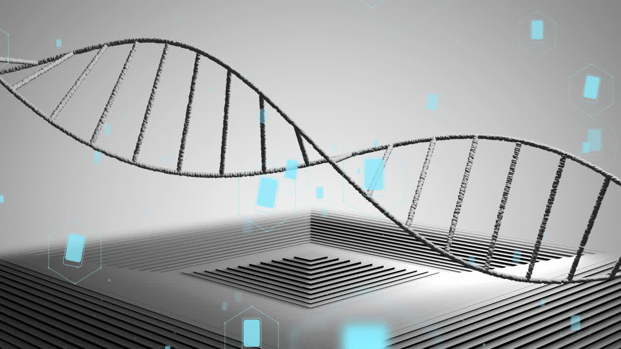 Animation of icons, dna strand over data processing