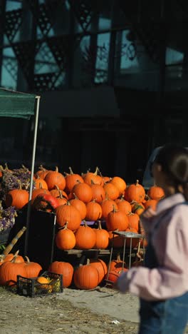 woman looking at pumpkins at an outdoor market