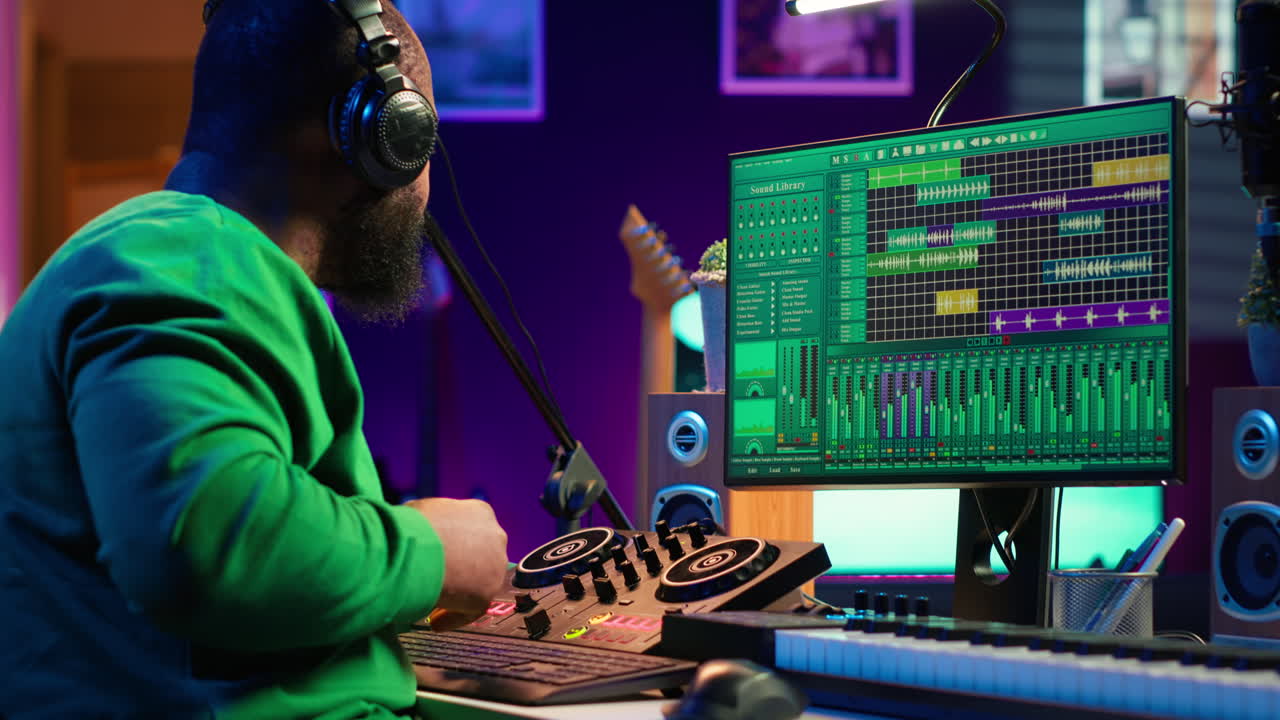 técnico de audio hábil editando pistas grabadas desde una unidad usb