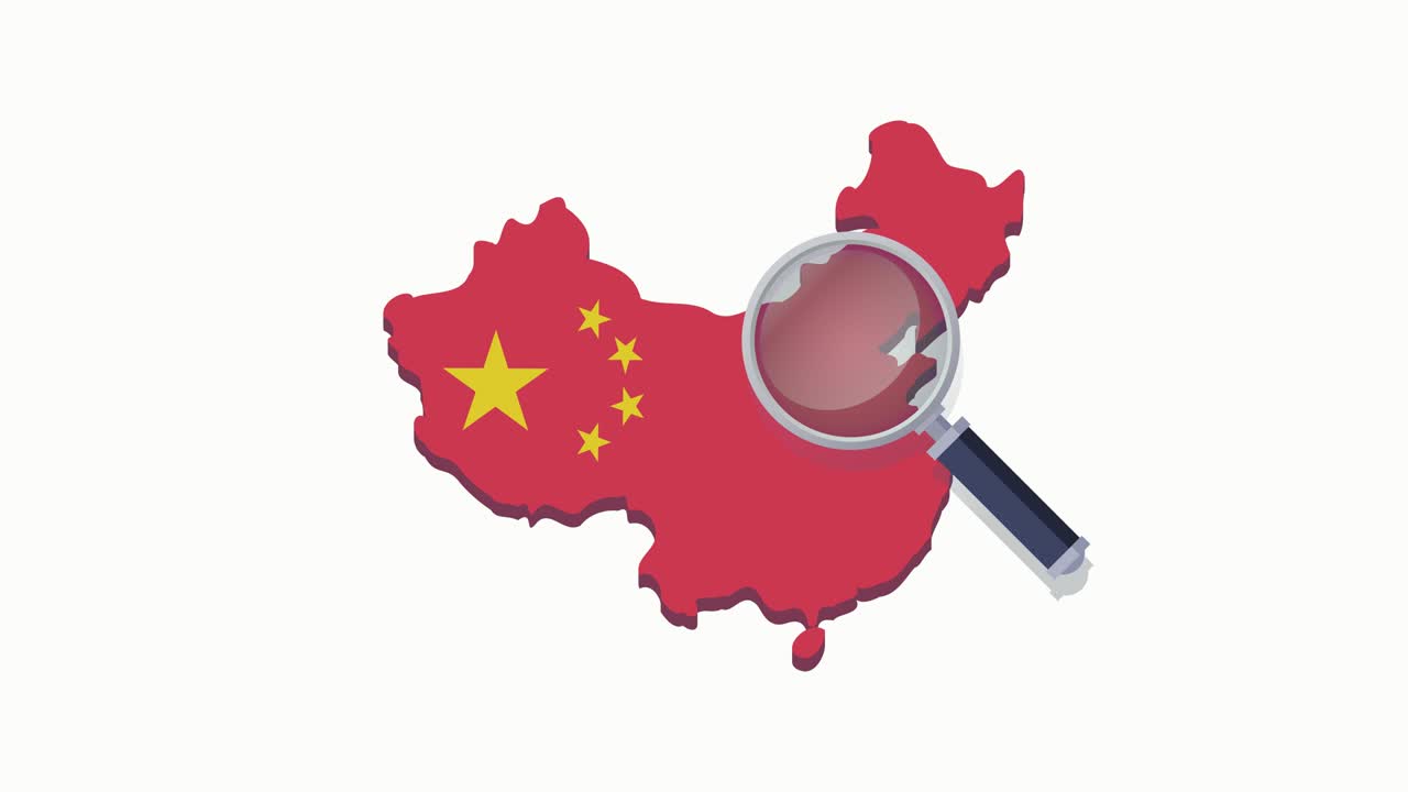 búsqueda de bucle con lupa en el mapa de china con la bandera en un fondo blanco (diseño plano)