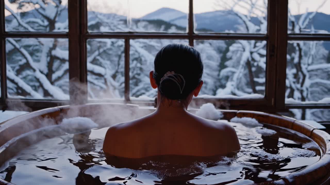 A serene video concept featuring a rear view of a woman in a hot tub, framed by a snowy landscape