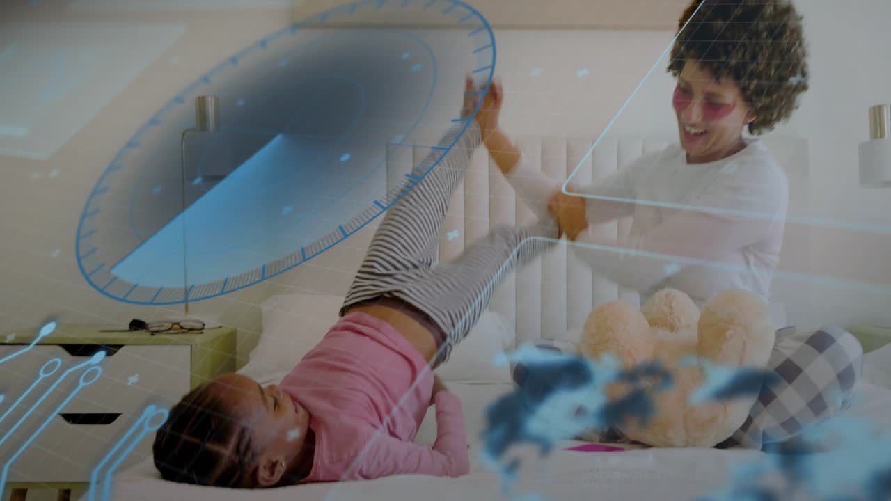 Parent leaning reaching bed tickling child near bear while blue overlay drifting over them for care