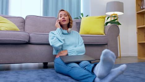 Phone-call,-laptop-and-woman-laughing-in-living