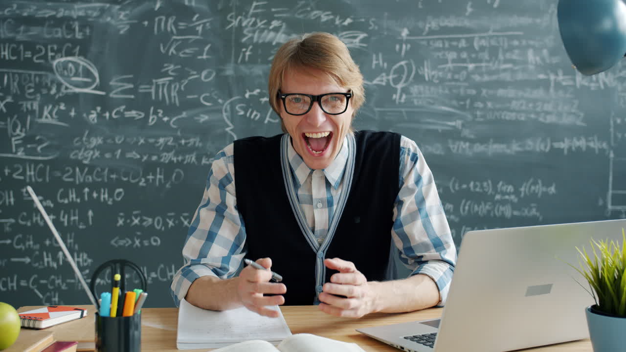 Excited Teacher in Classroom