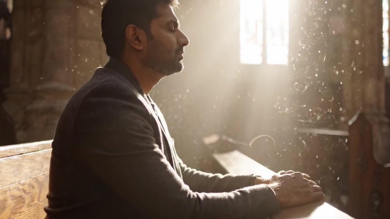 A Contemplative Moment: A Man Seated in a Church Reflects Deeply, Bathed in Soft Light as Dust Motions Gracefully Through the Air