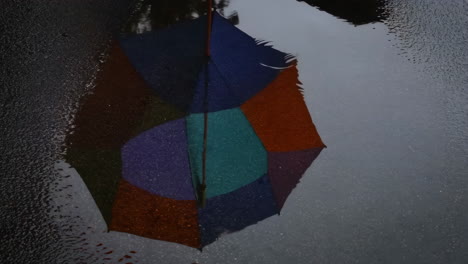 colorful umbrella reflected in a rainy puddle