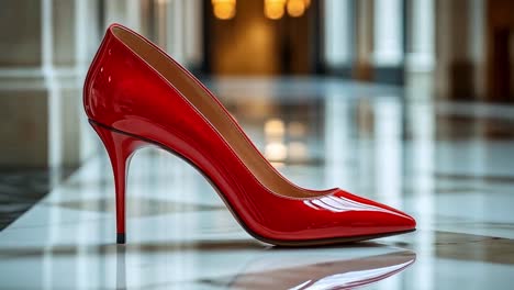 red high heel shoe on reflective floor