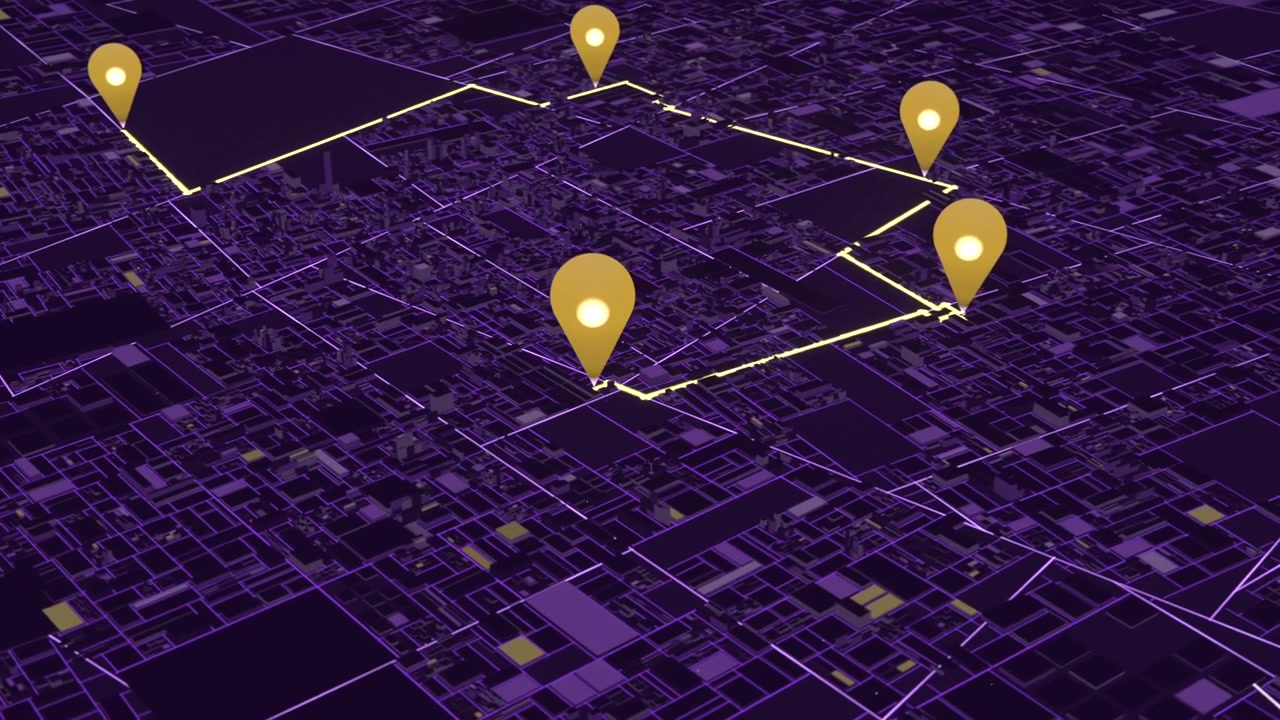 Tracing neon-yellow route golden pins dropping as yellow marker appears for tracking on purple grid