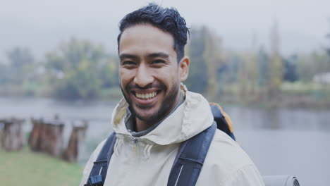 Happy-man,-portrait-and-hiking-with-nature